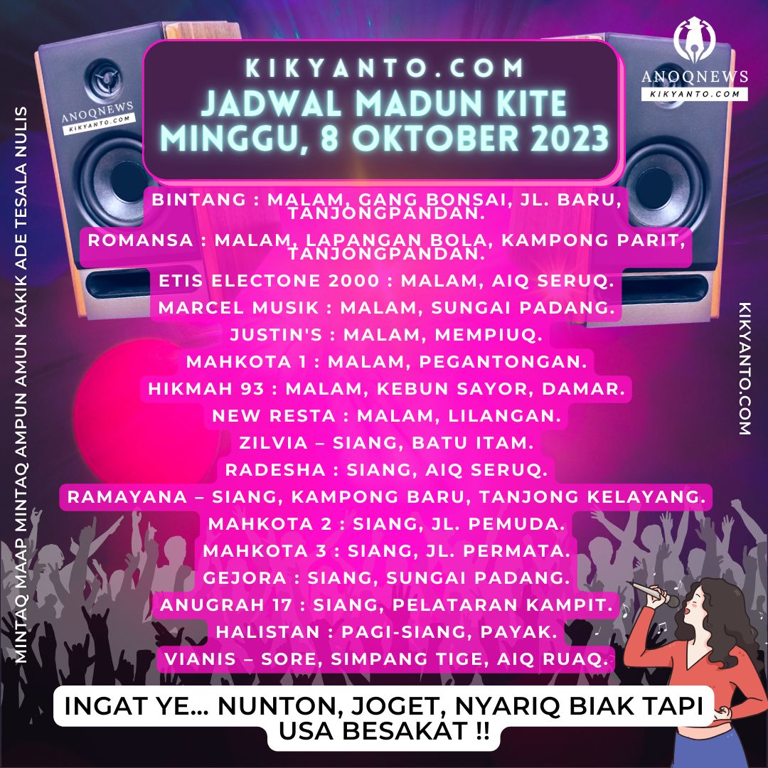 Jadwal Musik Belitung (Jadwal Madun Kite), Minggu 8 Oktober 2023