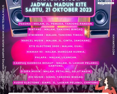 Jadwal Musik Belitung (Jadwal Madun Kite), Sabtu 21 Oktober 2023