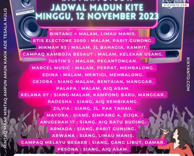 BELITONG, ANOQ NEWS – Anoqers! Bekemas la dari kitu ari !! Ini Jadwal Madun Kite (Jadwal Musik Belitung), Minggu (12/11/2023).