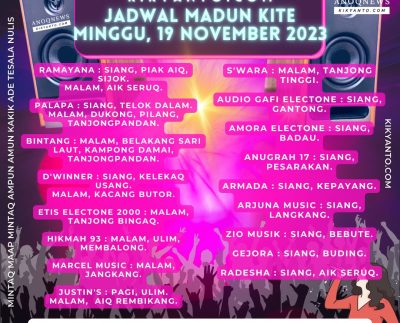 Jadwal Musik Belitung (Jadwal Madun Kite), Minggu 19 November 2023